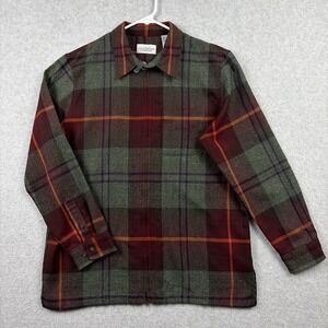 Villager Liz Claiborne Shirt Women's Large Green Red Plaid Full Zip Rayon Blend